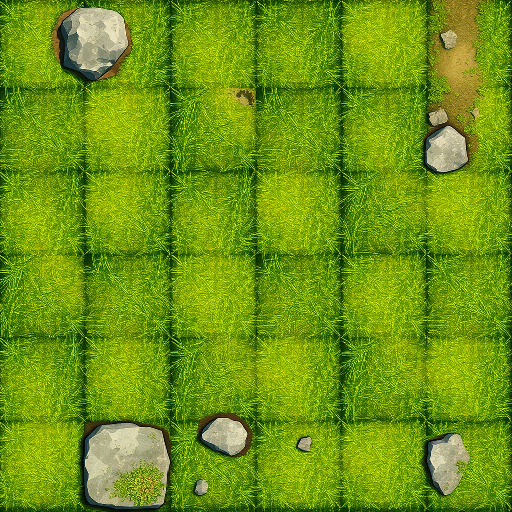 Realistic top-down game with grass and rocks