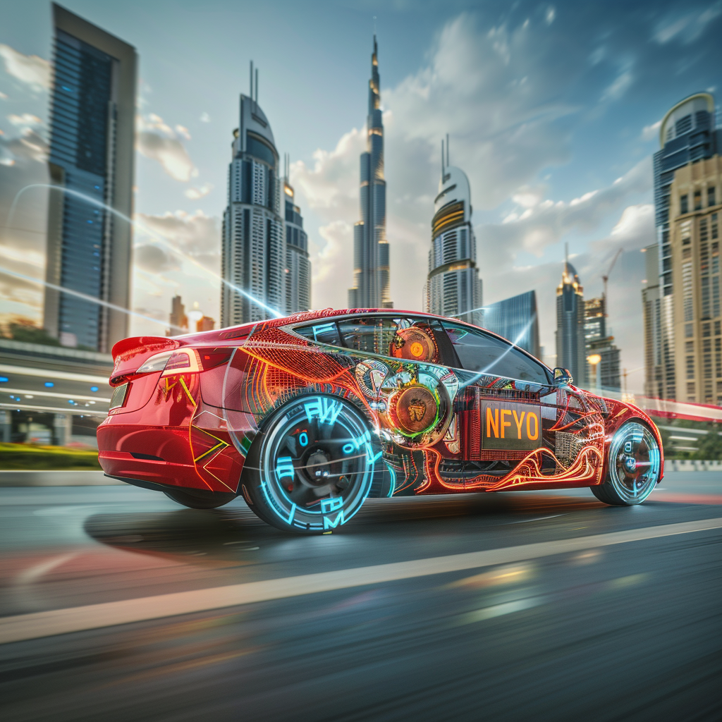 Red Car with Energy Flow Lines in Dubai