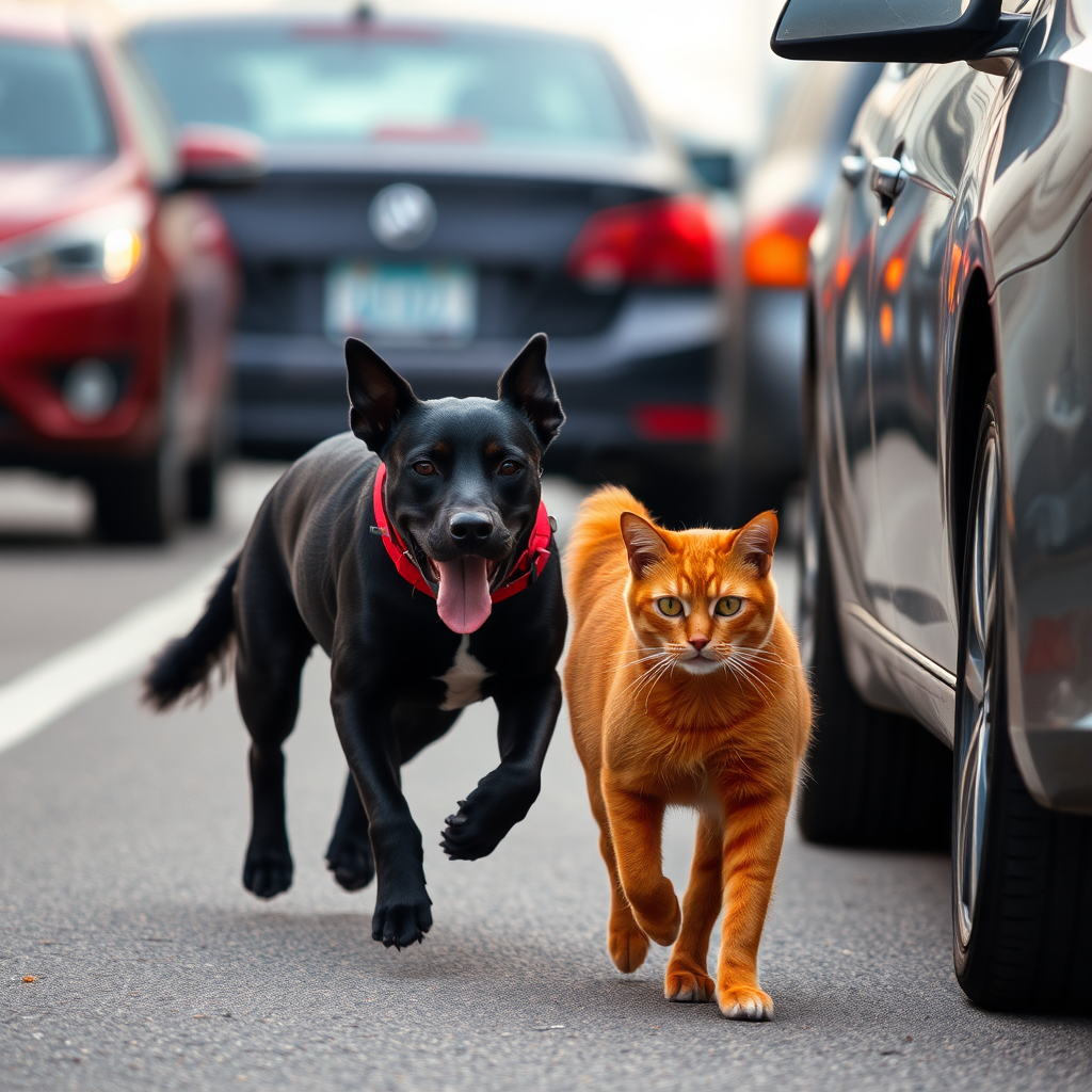 Red cat and black dog run between cars