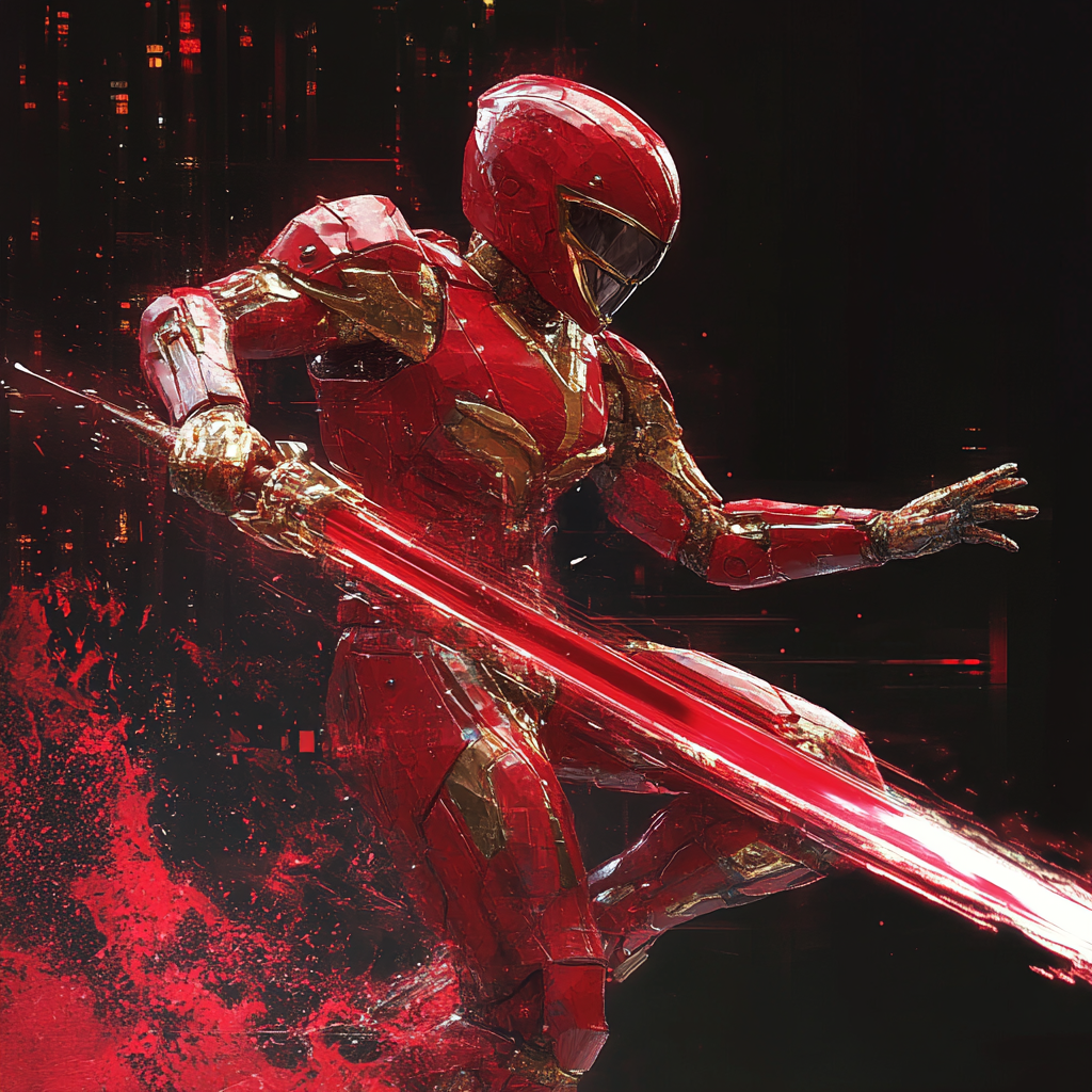 Red cyber ranger upgrades swinging cyber blade, digital effect.