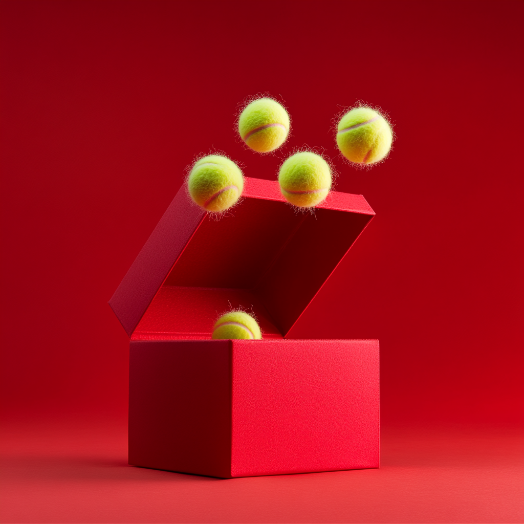 Red gift box with fuzzy tennis balls