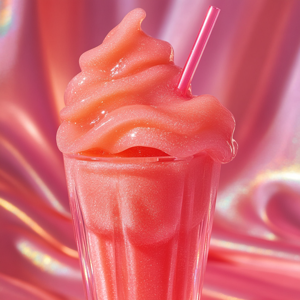 Red slushy with makeup packaging and wavy straw.