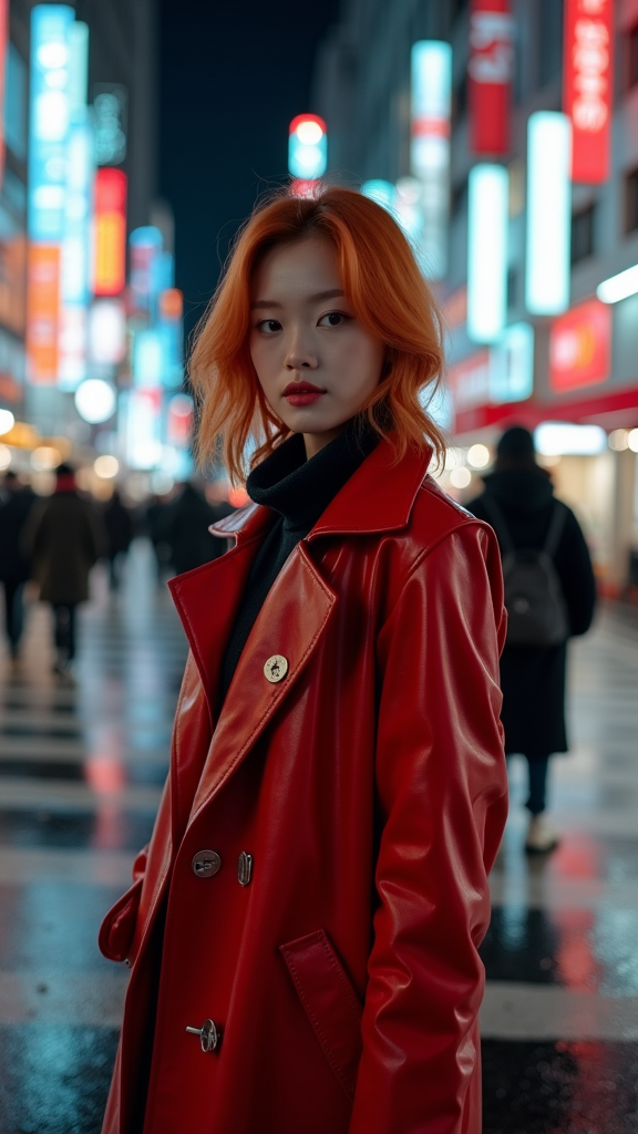 Redhead Woman in Red Raincoat at Shibuya Night Crosswalk