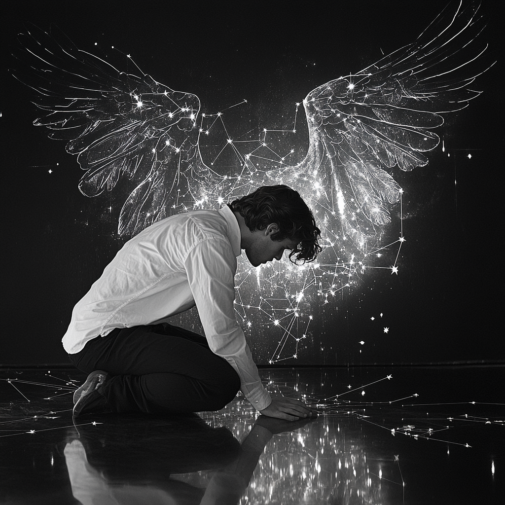 Reflection of stars and constellations with man kneeling. Angel wings.