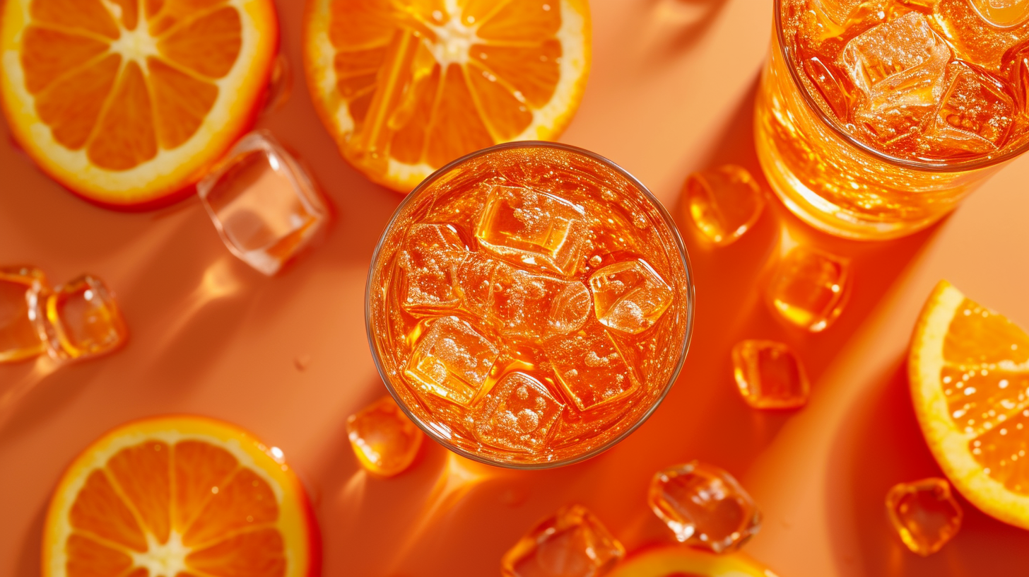 Refreshing Orange Fanta Drink with Ice and Oranges