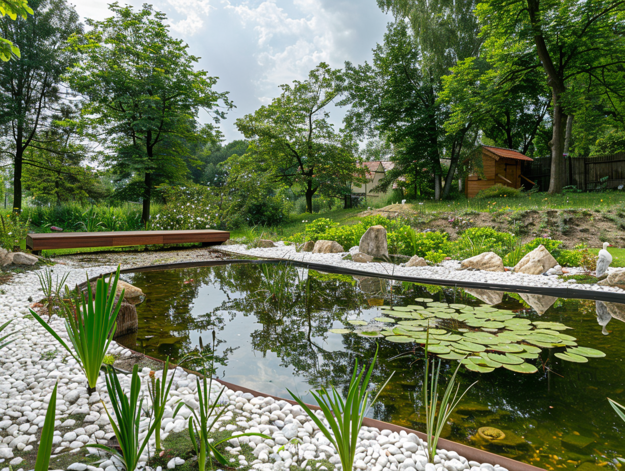 Reinforced pond edge with geogrid and white stones.