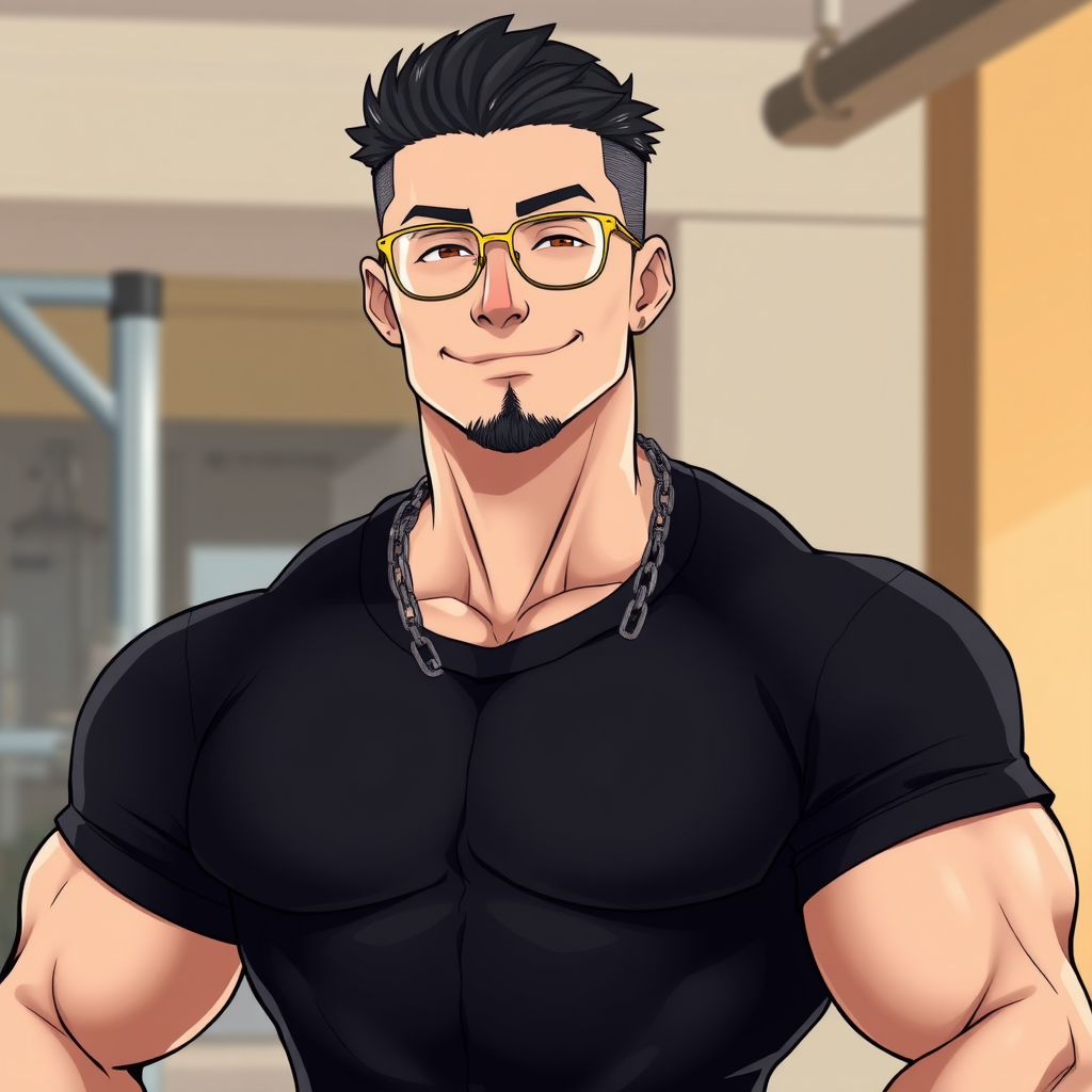 Relaxed Muscular Man in Gym, Anime Style