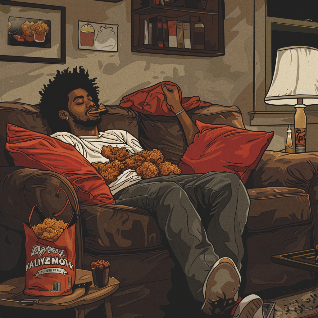 Relaxing with Fried Chicken in Cozy Living Room