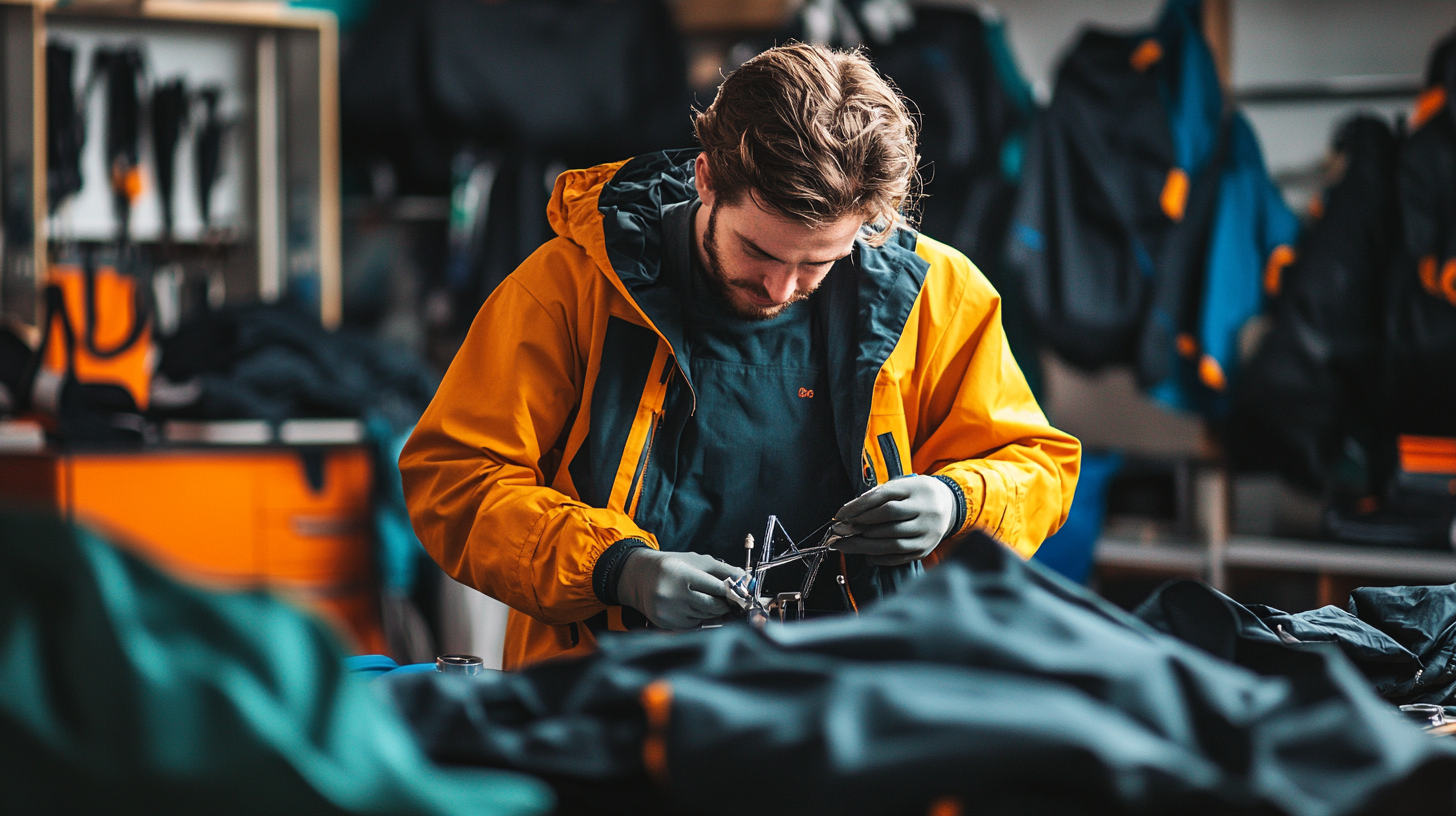 Repairing torn jacket in eco workshop with sewing tools.