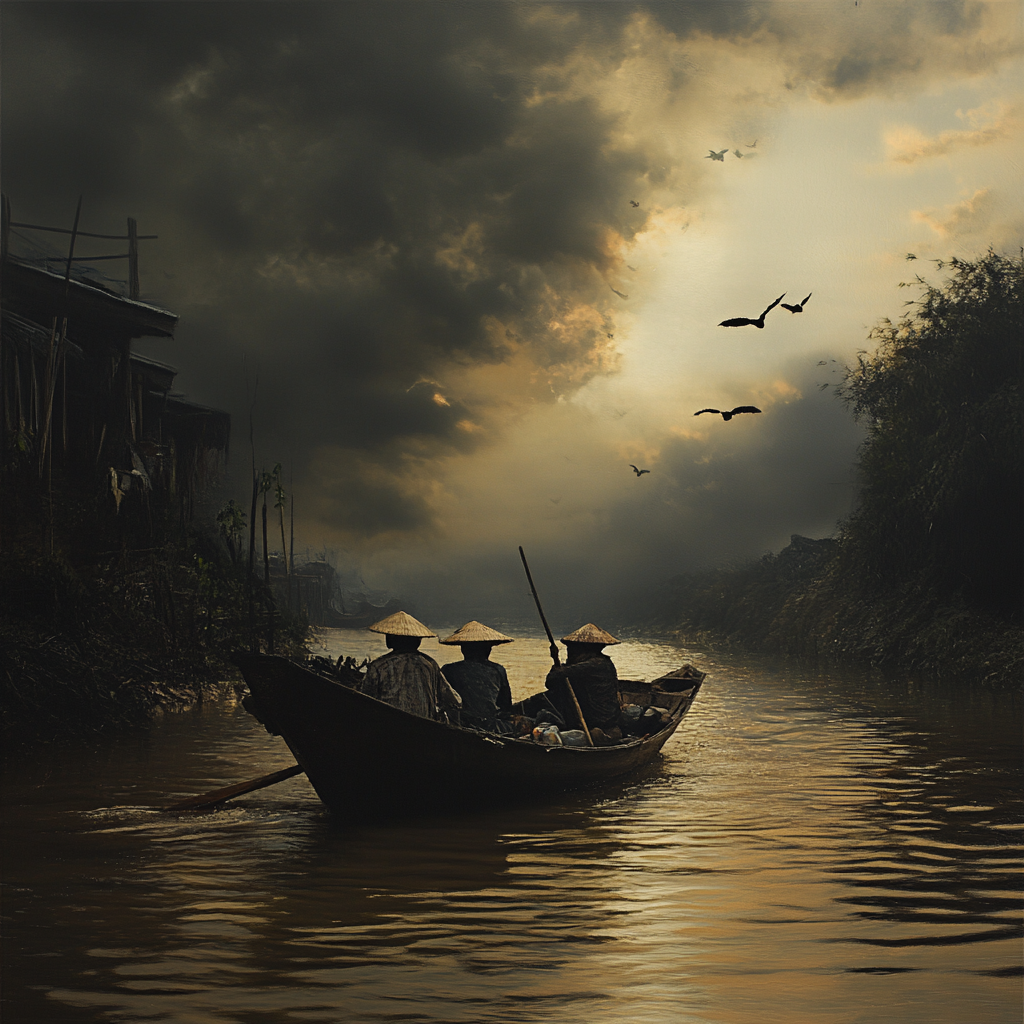 Residents in boat in dark Mekong River scene.