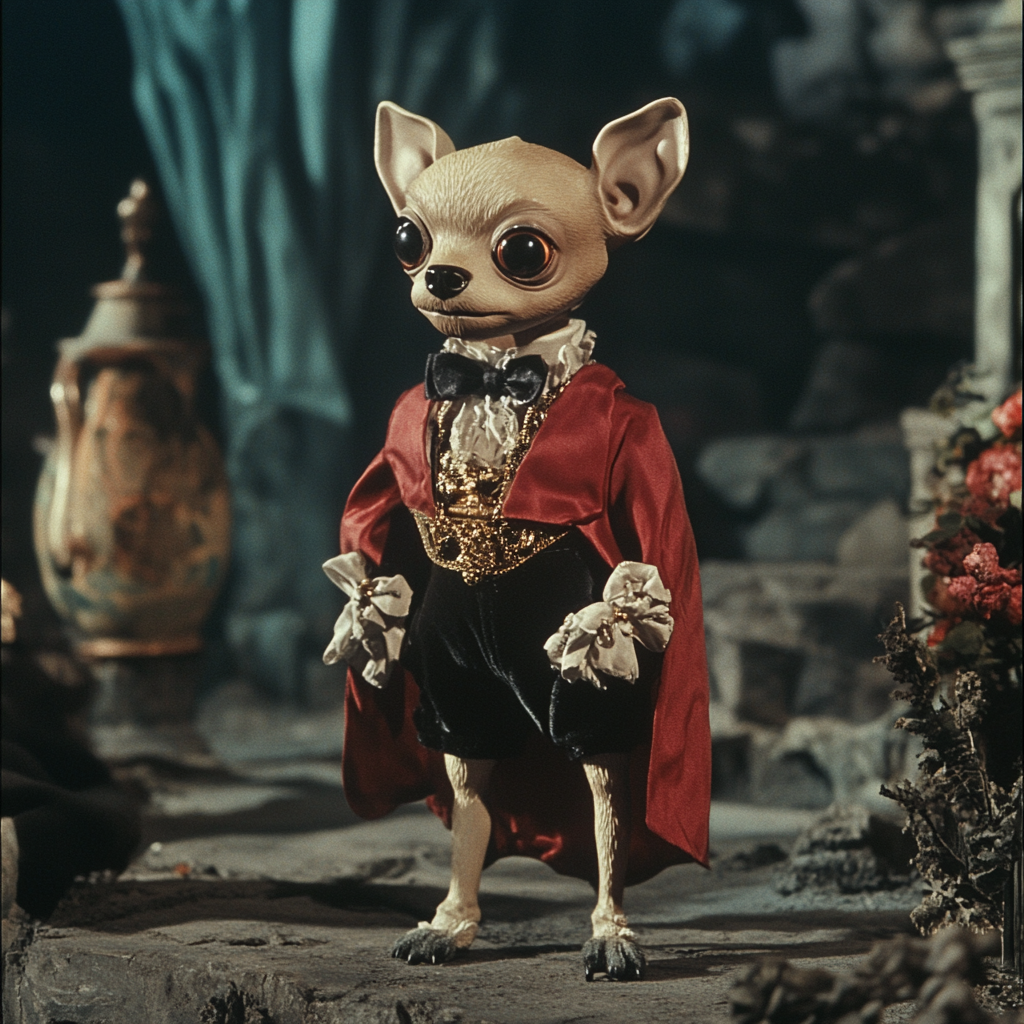 Retro Duke Chihuahua in Dark Fantasy Movie Scene