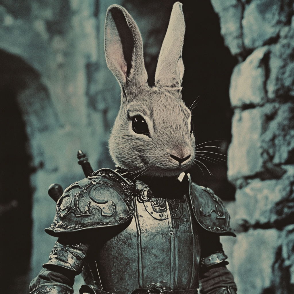 Retro Rabbit Knight in a Dark Fantasy Movie