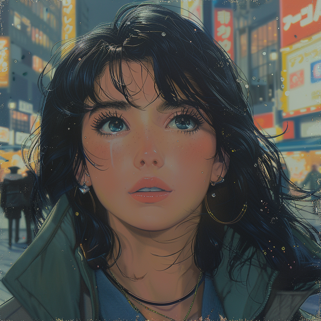 Retro anime girl in busy Japanese city