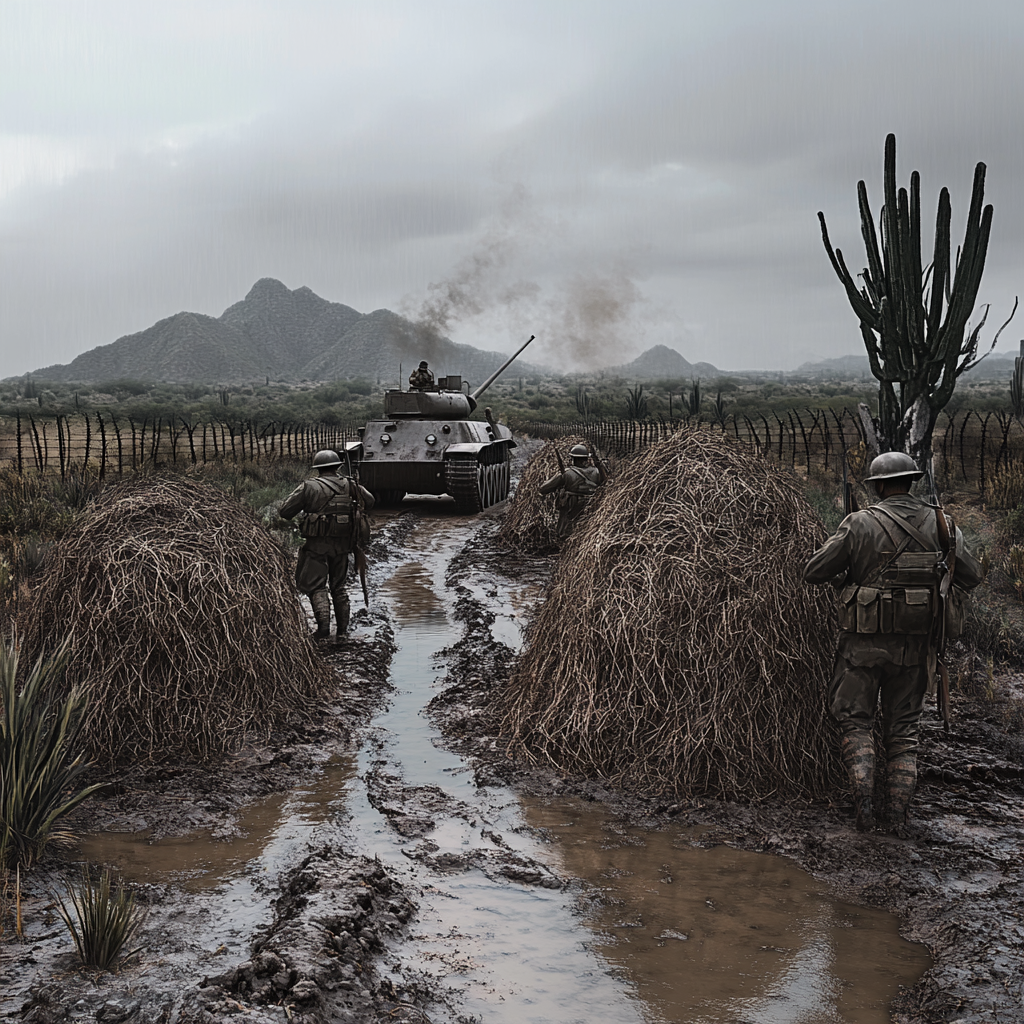 Revolutionary Mexican desert scene with war remnants.