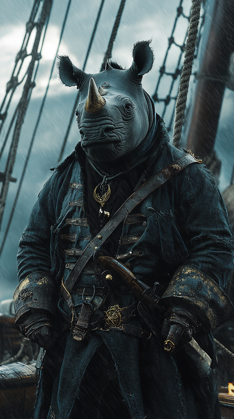 Rhinoceros dressed as sealion on stormy pirate ship.