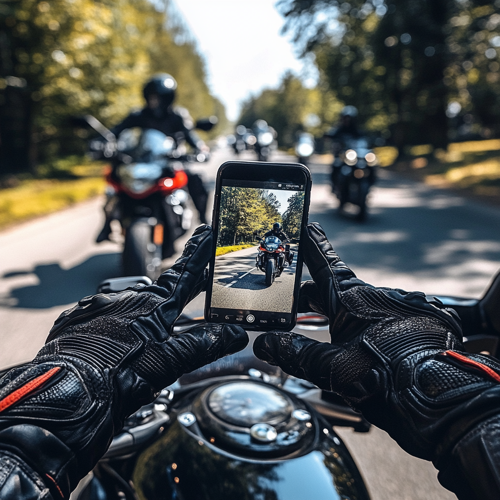 Riders in gloves on motorcycles on sunny street.