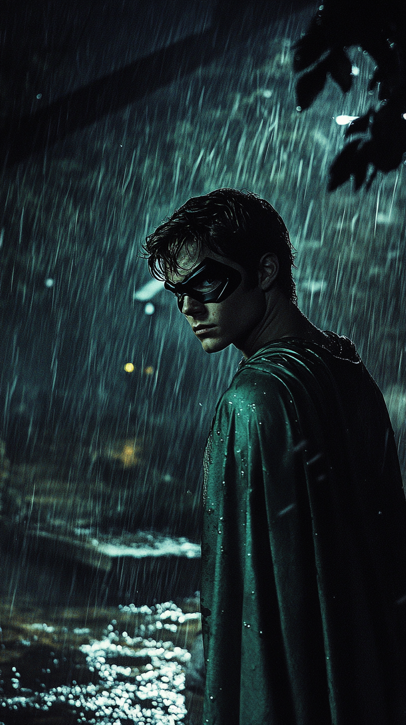 Robin stands in dark fantasy landscape in rain.