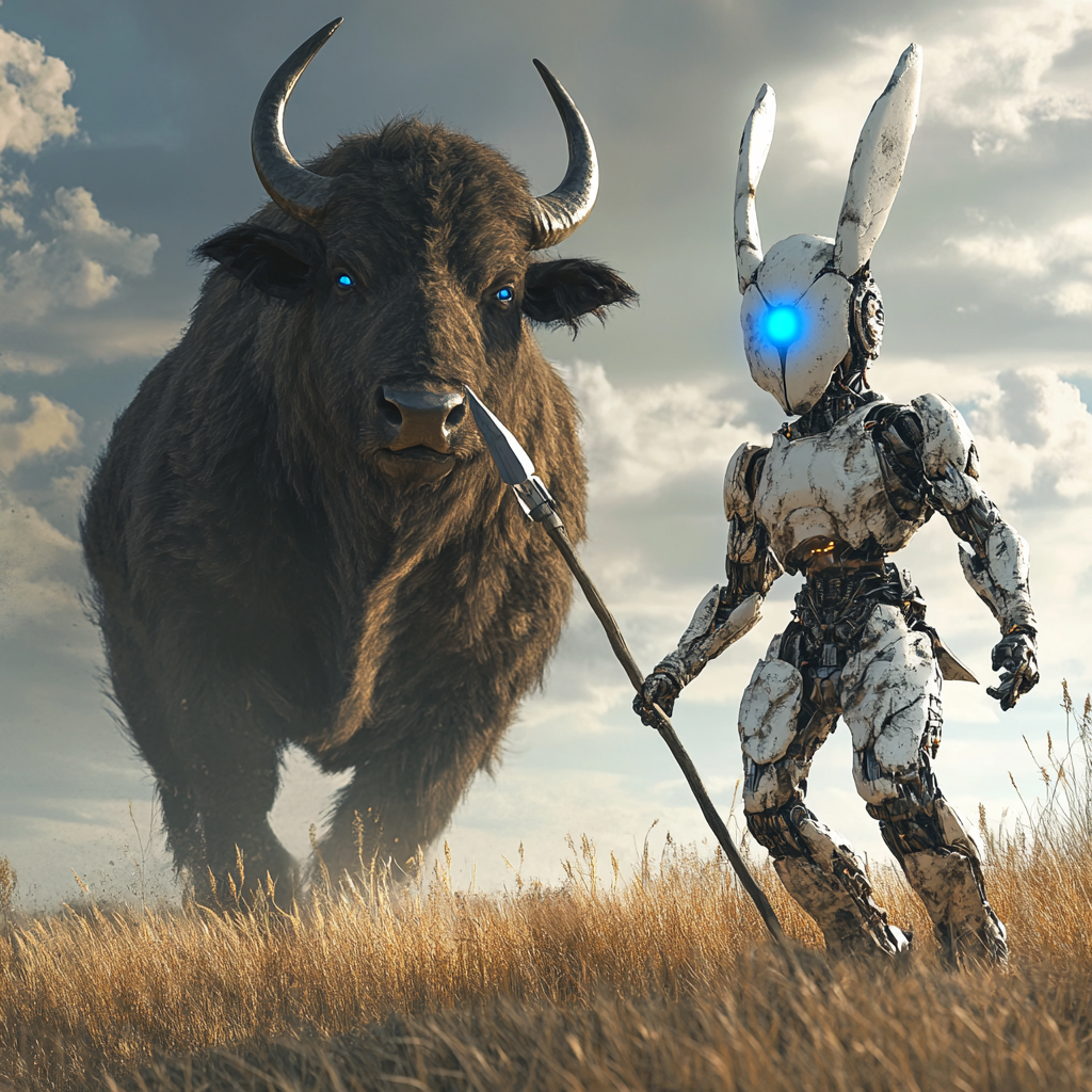 Robot Rabbit Hunting Buffalo in Futuristic Plains