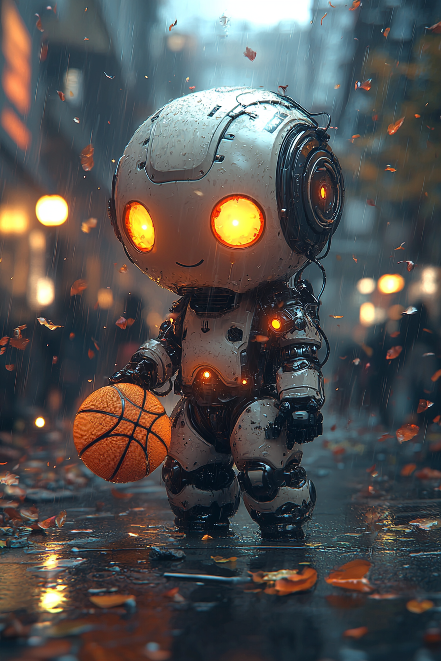 Robot confidently spinning a basketball in lively, artistic scene.