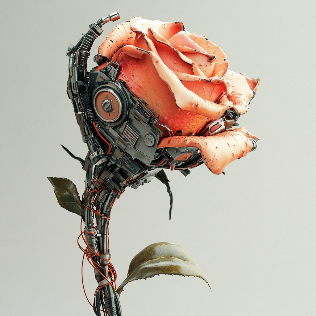 Robot flower with real flowers and circuit details.