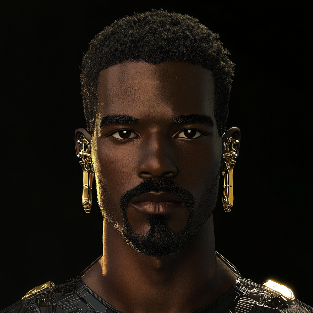 Robot with goatee, gold earrings, short afro on black.