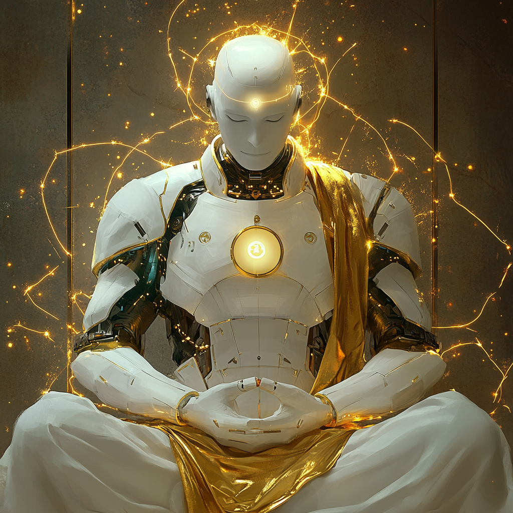 Robotic guru in white armor meditating, surrounded by magic.