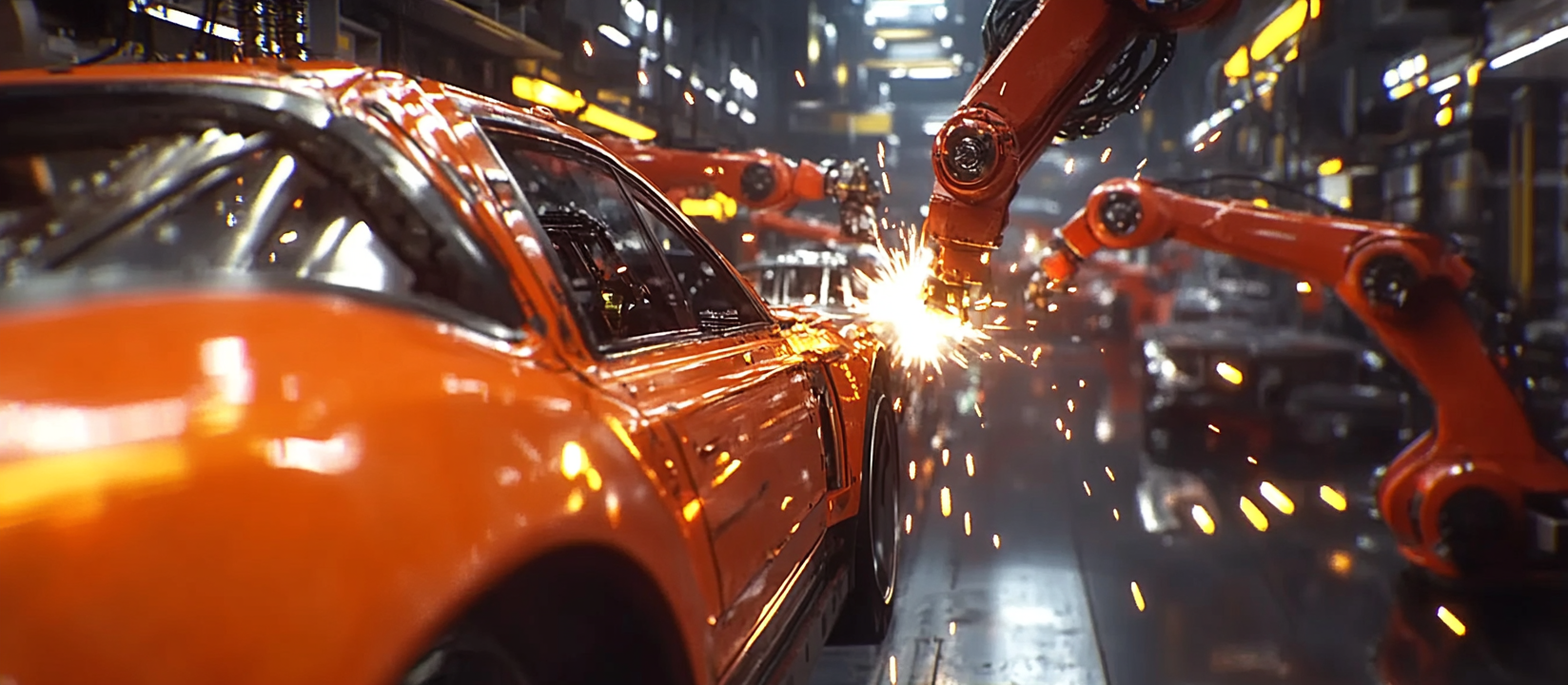 Robots building cars on a high-tech line.