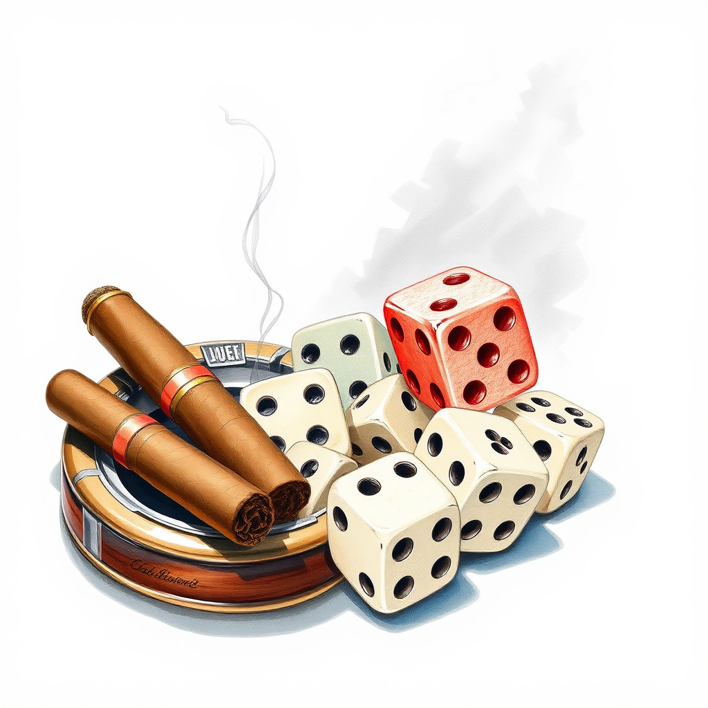 Rolling dices with cigars in vintage casino setting.