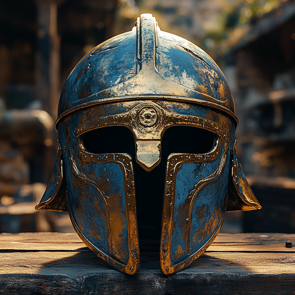 Roman Legionnaire Helmet on Wooden Table in High Quality