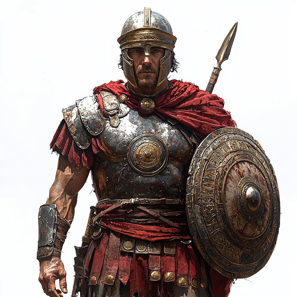 Roman soldier in red armor with shield and spear.