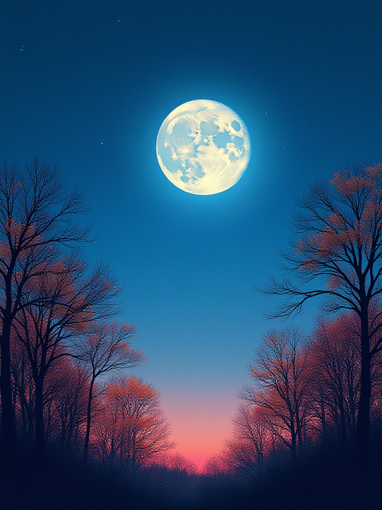 Romantic, dreamy moonlit sky with trees and manga vibes.