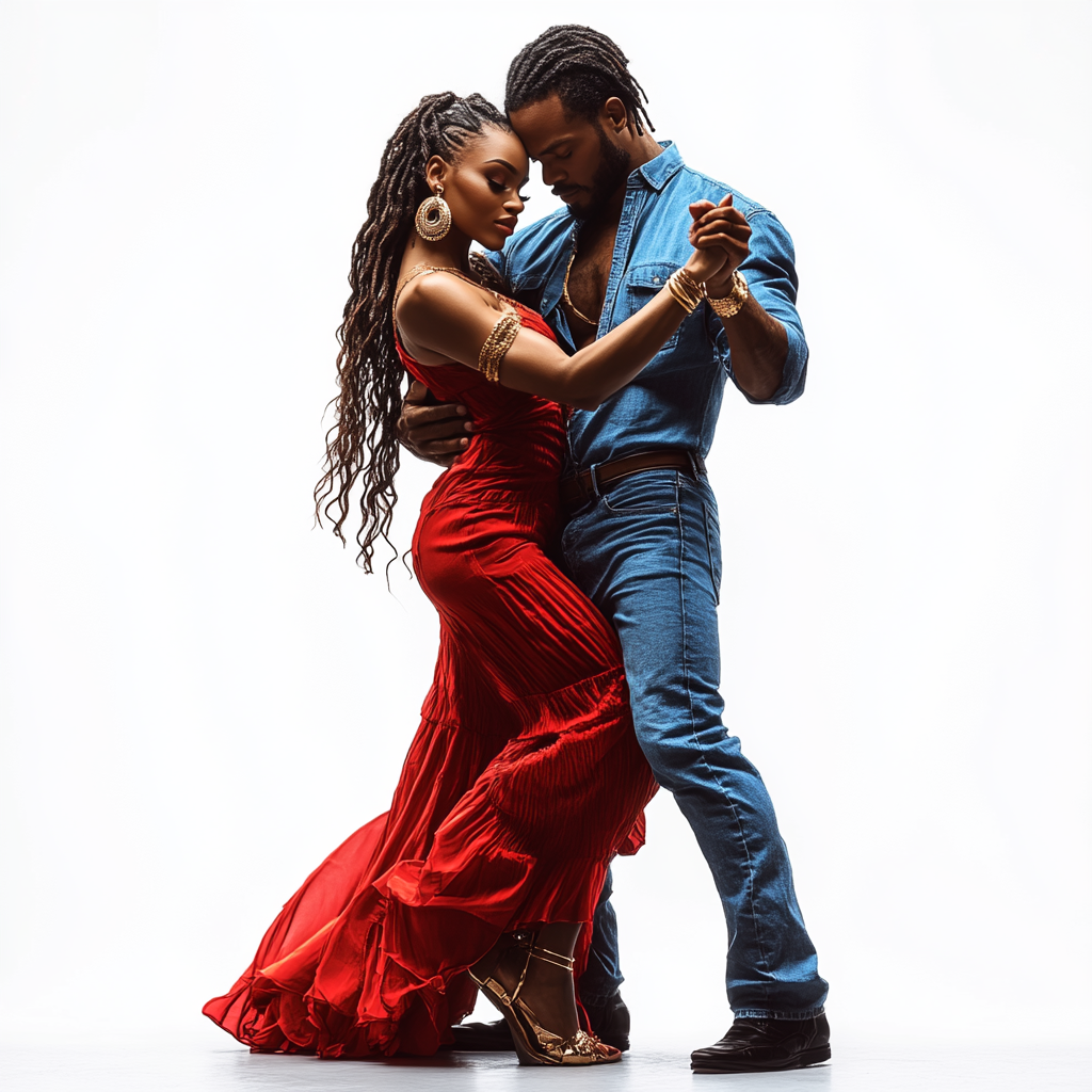 Romantic African American couple dancing in blue and red