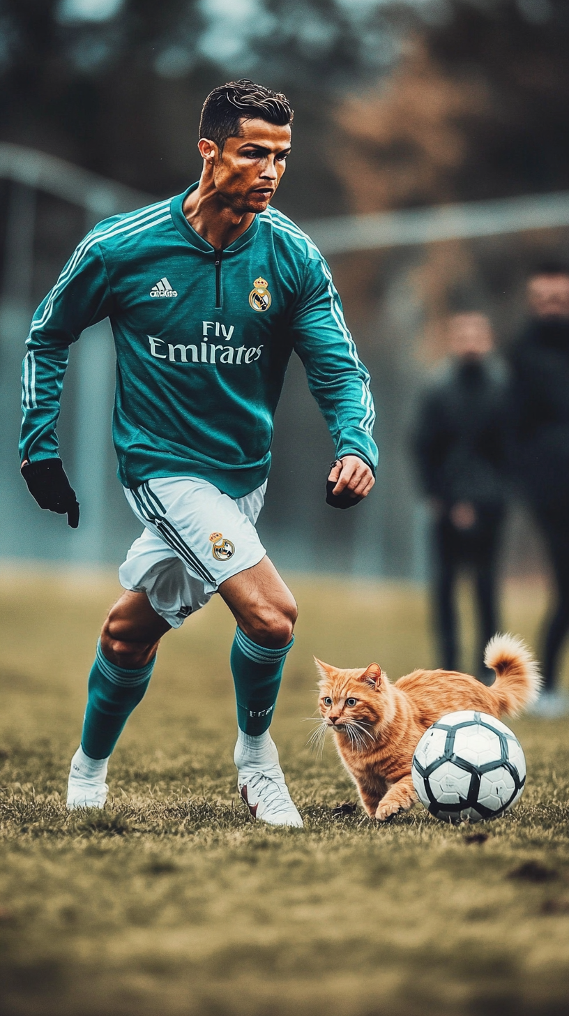 Ronaldo trains with cat in Real Madrid gear.