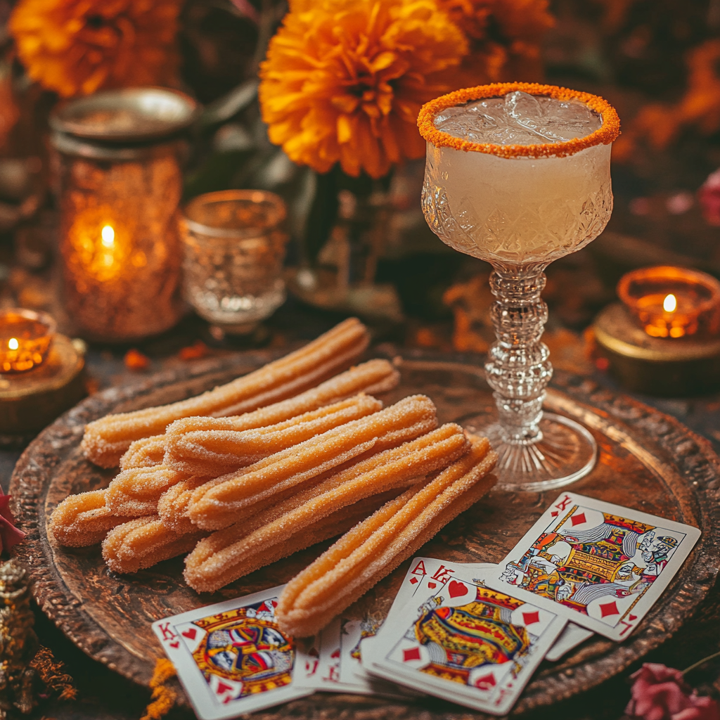 Rose petal churros, cards, marigold, diya, cocktail scene