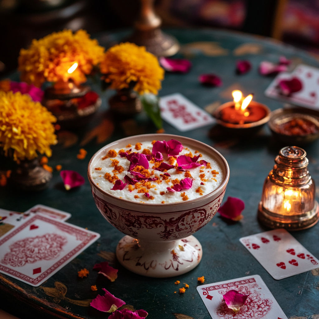 Rose petal shrikhand, cards, marigold, diyas, gin cocktail