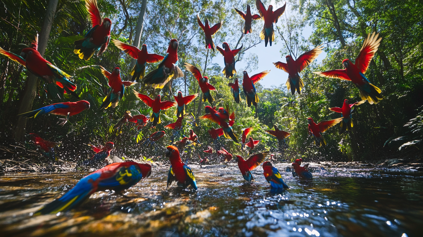 Rosella parakeets in flight and on ground by stream.