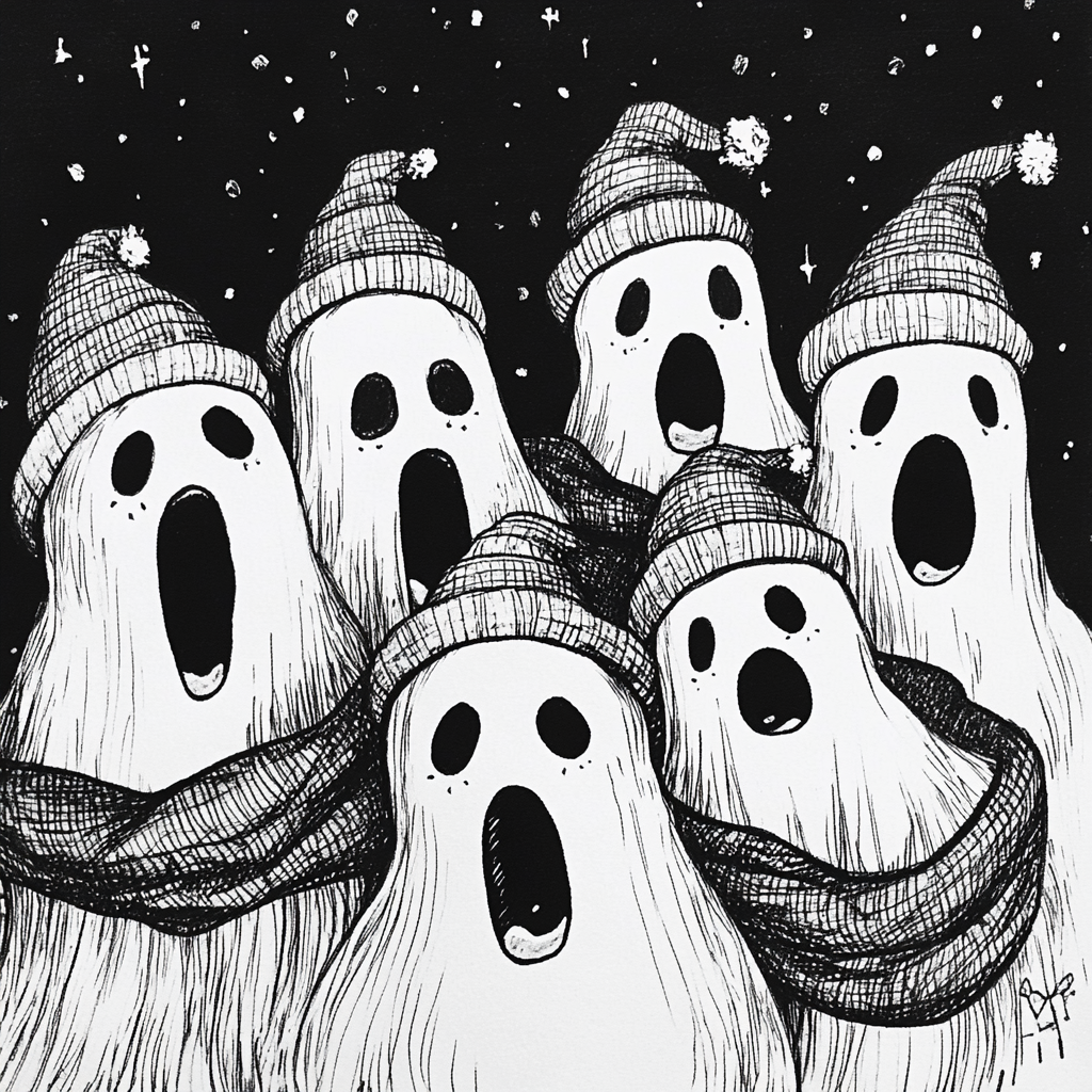 Round Ghosts Singing Carols in Christmas Attire