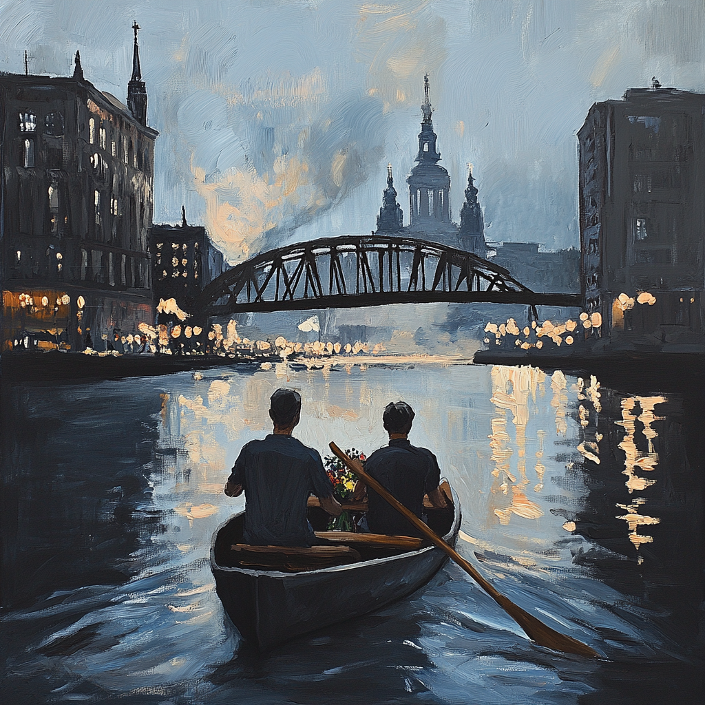 Rowing men under Riga bridge in oil painting