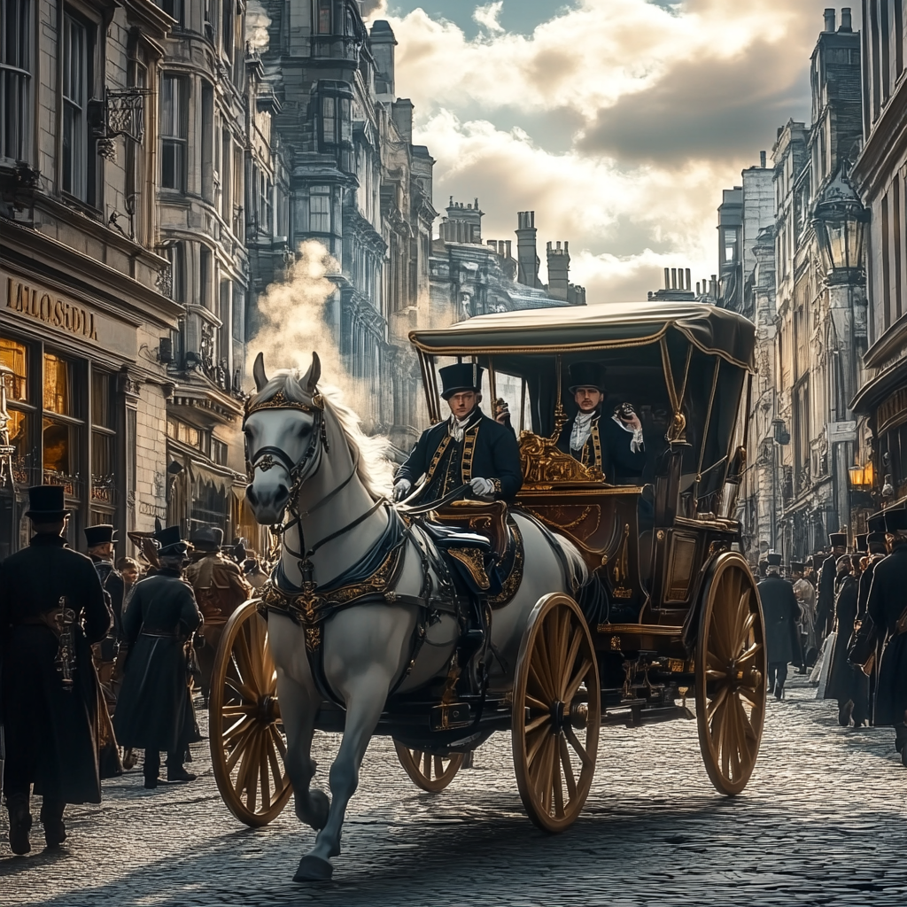 Royal horse-drawn carriage in crowded 18th-century London.