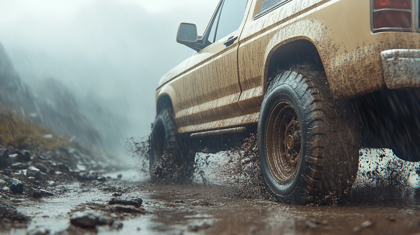 Rugged Ford Truck Wheel Splashes Through Mud Trail