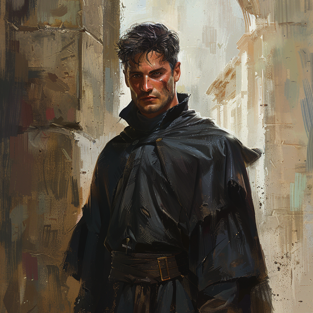 Rugged priest Simon in dystopian setting, unique features highlighted.