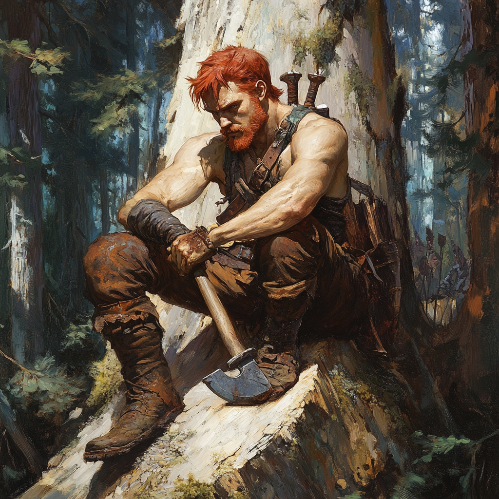 Rugged woodsman with red hair in ancient forest.