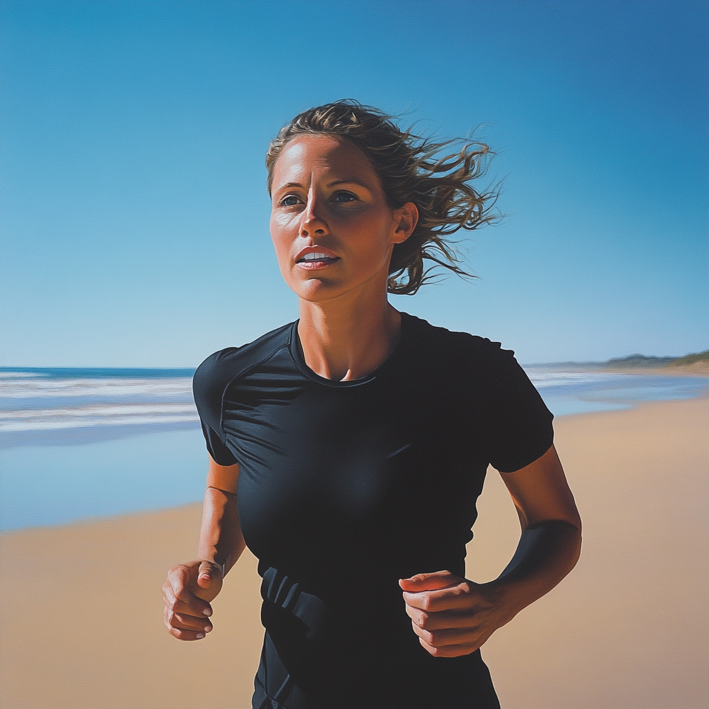 Running woman on beach with wet hair