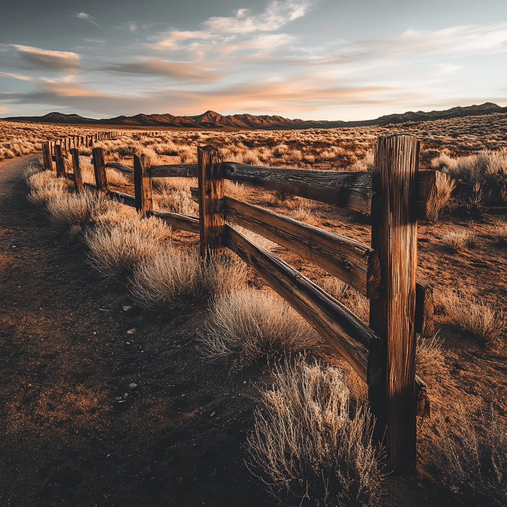 Rustic wooden fence in desert under dramatic lighting