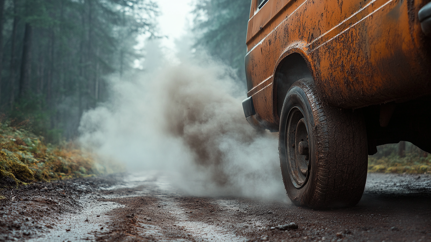 Rusty van's smoking exhaust in misty forest