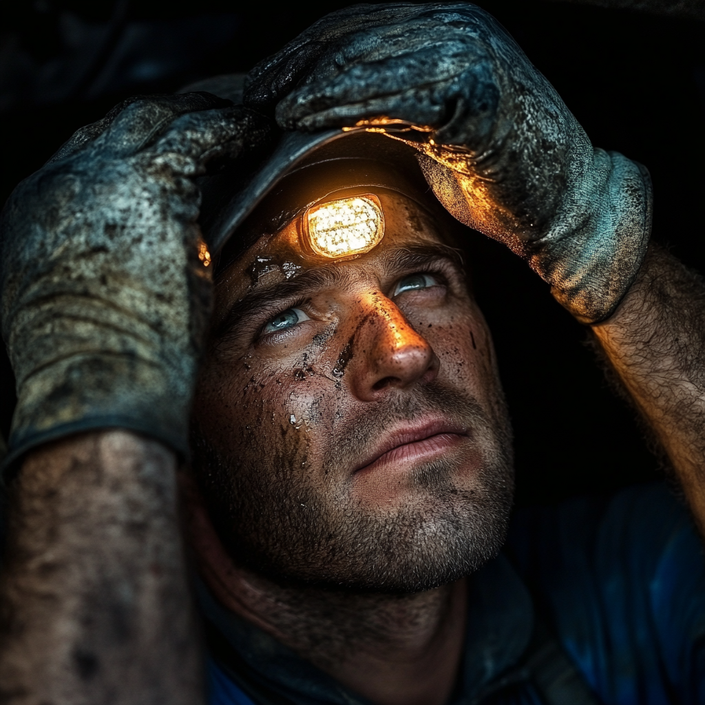 Sad American Worker Wearing Dirty LED Headlights