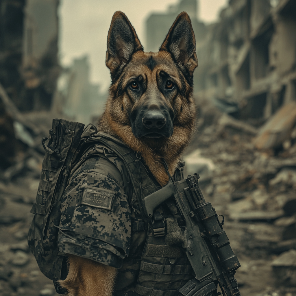 Sad Soldier Dog in Destroyed City