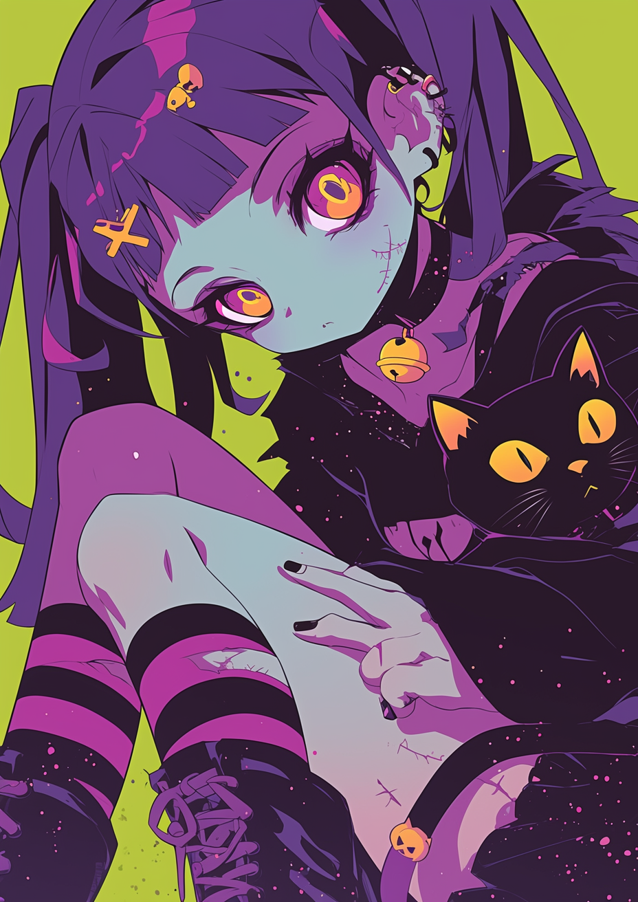 Sad Zombie Goth Girl with Cute Cat, Halloween Scene