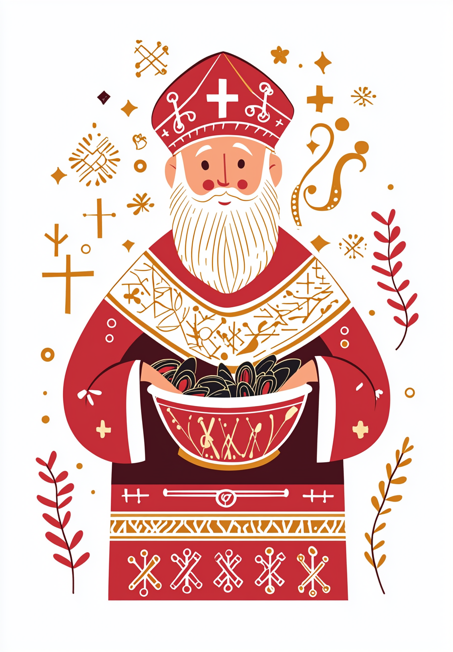 Saint Nicholas Cooking Mussels in Slavic Saint Icon Style