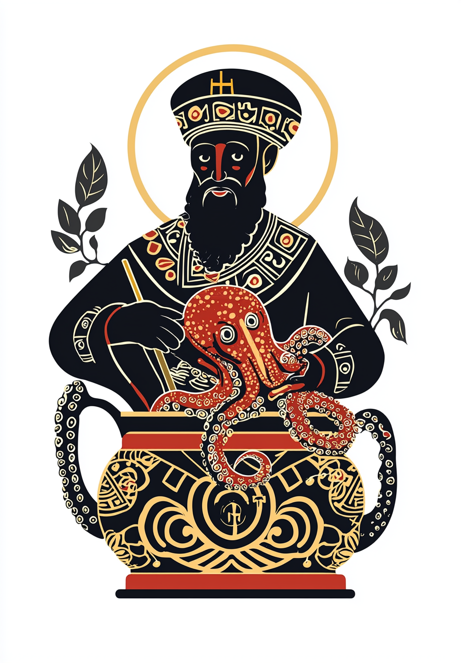 Saint Nicholas Cooking Octopus in Slavic Style